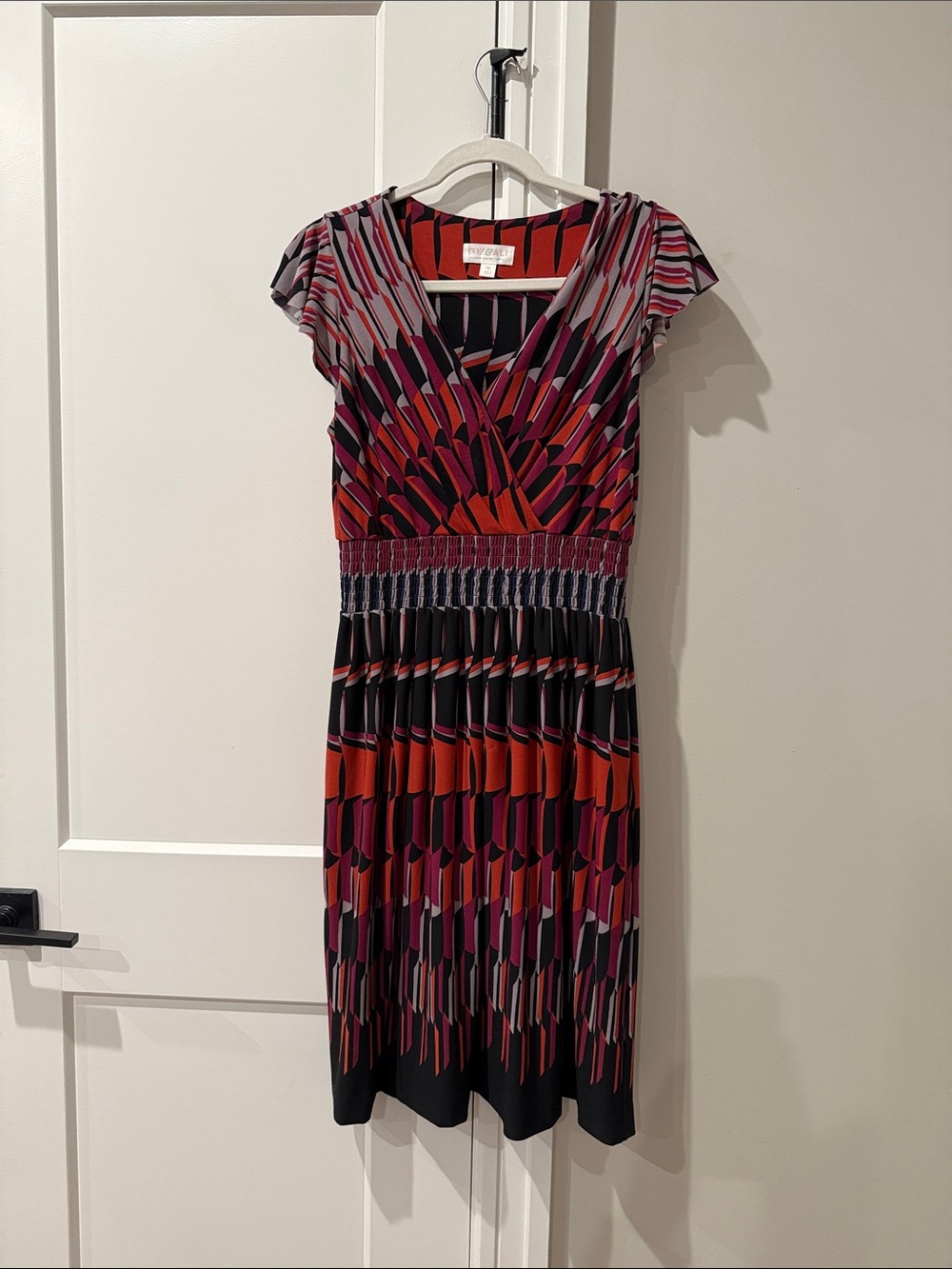 Roz & Ali Black, Red and Pink Geometric V‑Neck Midi Dress